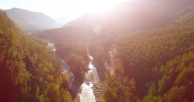 Güneşli yaz sabahında taze dağ nehri ve çayır üzerinde uçuşun ortasında. Aşağıdaki kırsal toprak yol.