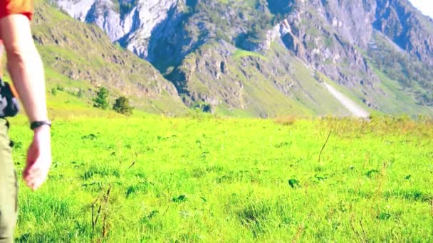 Fhd Randonnée Pédestre Homme Marchant Sur Prairie Verdoyante Montagne Avec — Video