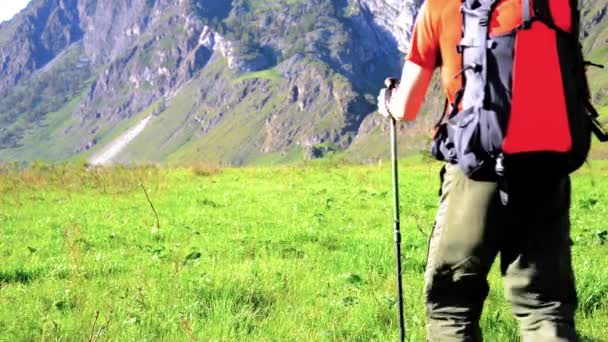 ハイキングのバックパックと緑山の牧草地の上を歩く男。夏のスポーツとレクリエーションの概念. — ストック動画