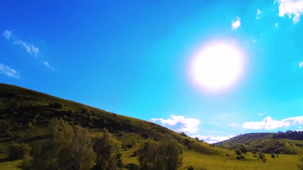 4K UHD mountain meadow timelapse at the summer. Clouds, trees, green grass and sun rays movement. — Stock Video