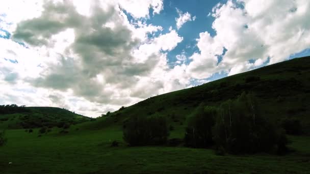 Yazın 4K UHD dağ çayırı zaman dilimi. Bulutlar, ağaçlar, yeşil çimenler ve güneş ışınları hareketi. — Stok video