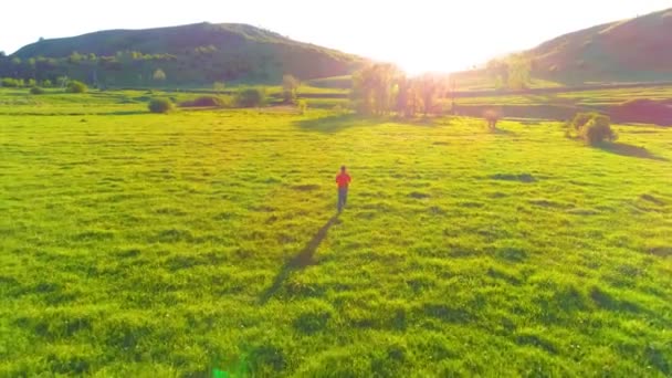 Flight over sport man at perfect green grass meadow. Sunset in mountain — Stock Video