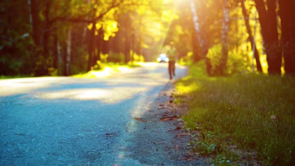 Спортсмен біжить асфальтовою дорогою. Сільський міський парк. Зелене дерево ліс і сонячні промені на горизонті . — стокове відео