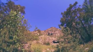 Yazın 4K UHD dağ zaman dilimi. Bulutlar yeşil ağaçları ve güneş ışınlarını hareket ettirir.