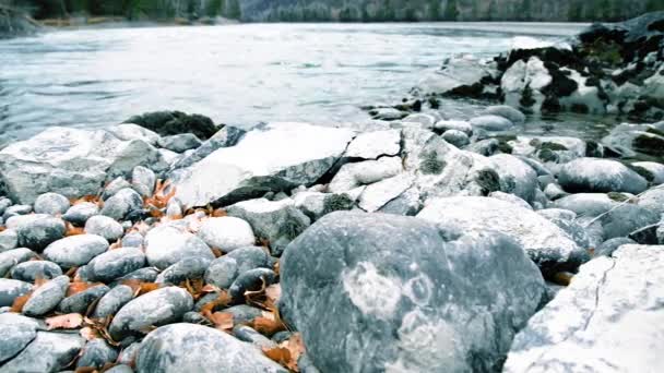 Dolly slider shot of the splashing water in a mountain river near forest. Wet rocks and sun rays. Horizontal steady movement. — Stock Video