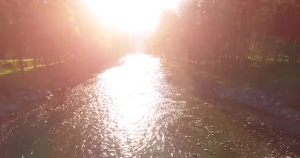 Volo in aria sul fiume di montagna fresco e pulito al soleggiato mattino d'estate — Video Stock