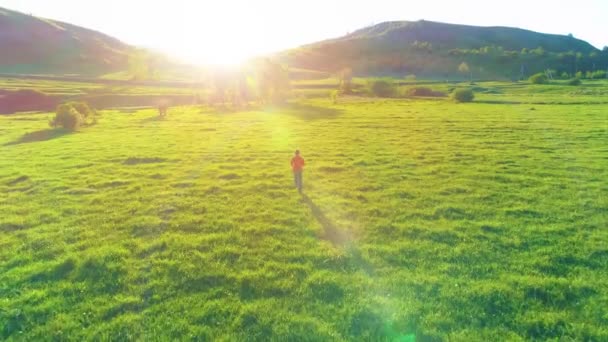 Vlucht over sport man op perfect groen gras weide. Zonsondergang in de bergen — Stockvideo