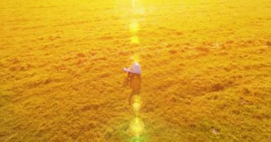 UHD 4k havadan görünümü. Defter pad ile yeşil çim sahasında oturan işadamı üzerinde düşük yörünge uçuş