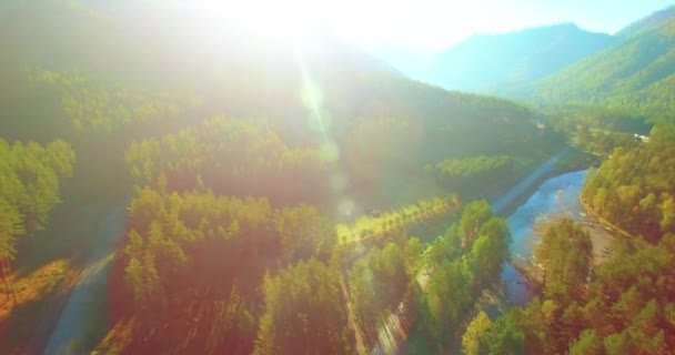 Vôo a meio do ar sobre o rio e o prado frescos da montanha na manhã ensolarada do verão. Estrada de terra rural abaixo. — Vídeo de Stock