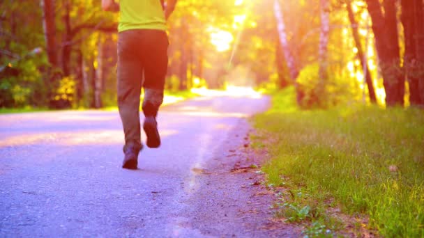 Homem do desporto a correr na estrada de asfalto. Parque rural da cidade. Floresta de árvore verde e raios de sol no horizonte. — Vídeo de Stock