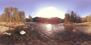 Vahşi dağların, çam ormanlarının ve nehir akışlarının 360 VR sanal gerçekliği. Ulusal park, çayır ve güneş ışınları.