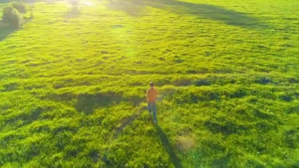 Vuelo sobre el hombre deportivo corriendo en la hierba verde perfecta pradera rural offroad. Puesta de sol en montaña — Vídeo de stock