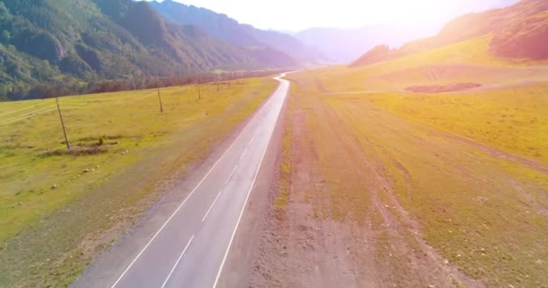 山岳アスファルト高速道路や牧草地の上の飛行 — ストック動画