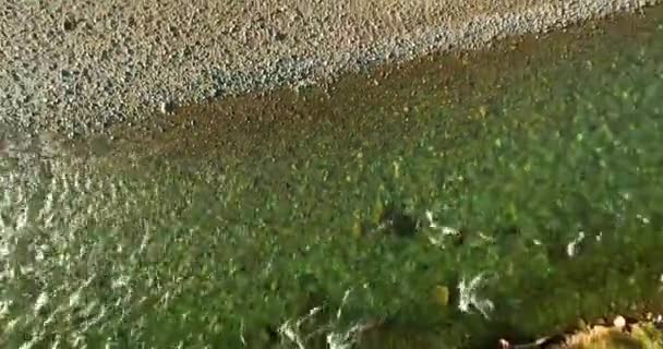 Vol en vol au-dessus d'une rivière de montagne fraîche et propre au matin ensoleillé d'été. Mouvement vertical