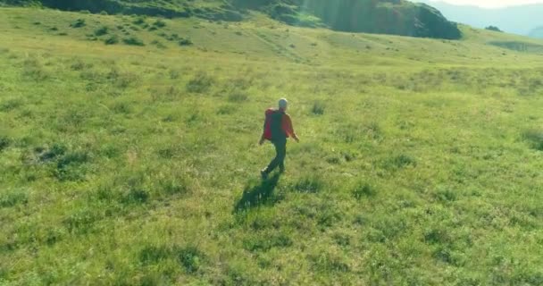 Vol au-dessus du sac à dos randonnée touristique marche à travers le champ de montagne vert. Vallée rurale énorme au jour d'été. — Video