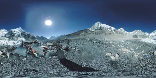 360 vr of the Everest Base camp at Khumbu glacier. Khumbu valley, Sagarmatha national park, Nepal of the Himalayas. EBC track route near Gorak Shep. — Stock Video