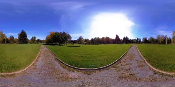 UHD 4K 360 VR Realidade Virtual de uma área de recreação do parque da cidade. Árvores e grama verde no outono ou no dia de verão — Vídeo de Stock