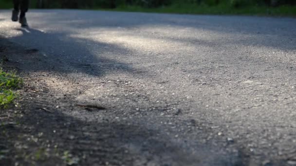 アスファルトの道路を走っているスポーツマン。農村都市公園。水平線の緑の森と太陽の光. — ストック動画