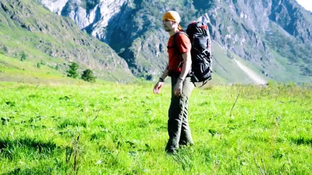 ハイキングのバックパックと緑山の牧草地の上を歩く男。夏のスポーツとレクリエーションの概念. — ストック動画