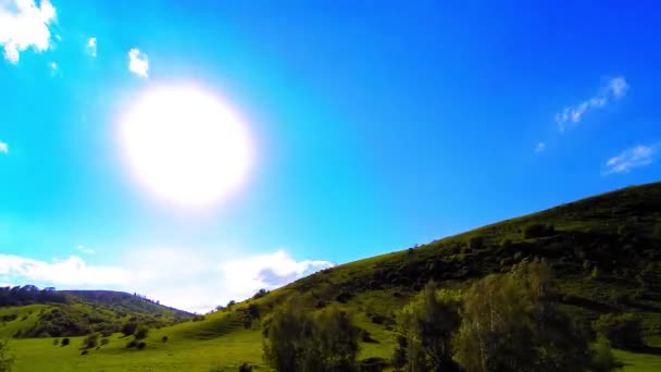 4K UHD горный луг Timelapse летом. Облака, деревья, зеленая трава и солнечные лучи. — стоковое видео