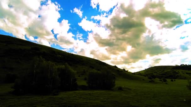 4K UHD mountain meadow timelapse at the summer. Clouds, trees, green grass and sun rays movement. — Stock Video