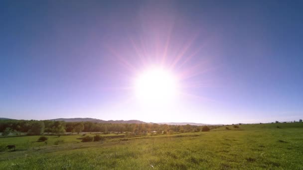 4K UHD ορεινό λιβάδι timelapse το καλοκαίρι. Σύννεφα, δέντρα, πράσινο γρασίδι και ηλιαχτίδες κίνηση. — Αρχείο Βίντεο