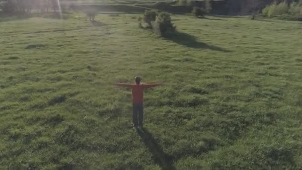 Tiefflieger-Radialflug über den Sport-Yoga-Mann im perfekten grünen Gras. Sonnenuntergang in den Bergen. — Stockvideo