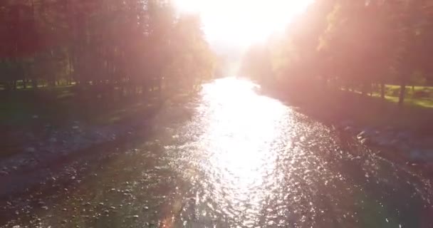 Vuelo en medio del aire sobre un río de montaña fresco y limpio en la soleada mañana de verano — Vídeo de stock