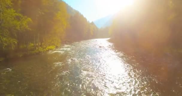 ताजा तेज पहाड़ी नदी पर कम ऊंचाई की उड़ान धूप की गर्मियों की सुबह चट्टानों के साथ . — स्टॉक वीडियो