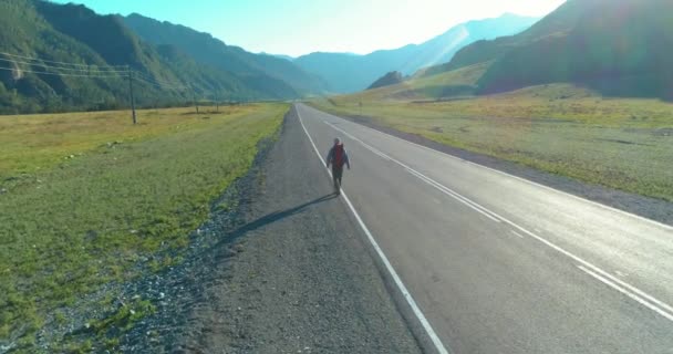 Vlucht over lifter toerist wandelen op asfalt weg. Enorme landelijke vallei op zomerdag. Rugzakwandelaar. — Stockvideo