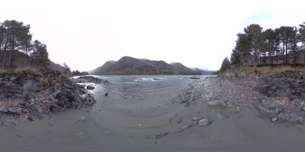 VR eines wunderschönen Gebirgsflusses im Spätherbst. Nationalpark, Wiese, Flussufer bei bewölktem Tag. — Stockvideo