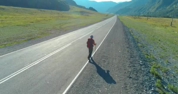 Flight over hitchhiker tourist walking on asphalt road. Huge rural valley at summer day. Backpack hiking guy. — Stock Video