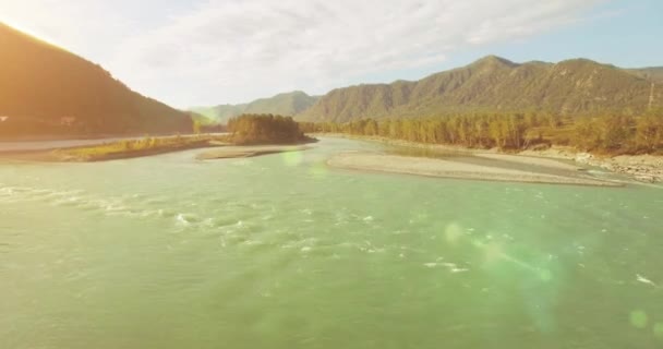 4k UHD hava görüntüsü. Güneşli yaz sabahında taze soğuk dağ nehri üzerinde alçak uçuş. Horisont 'ta yeşil ağaçlar ve güneş ışınları — Stok video