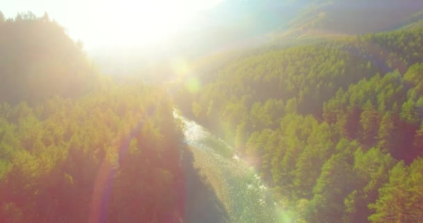 夏日阳光明媚的早晨，低空飞行在布满岩石的新鲜的高山河流上. — 图库视频影像