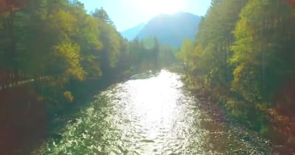 Voo de baixa altitude sobre o rio de montanha rápido fresco com rochas na manhã de verão ensolarada. — Vídeo de Stock