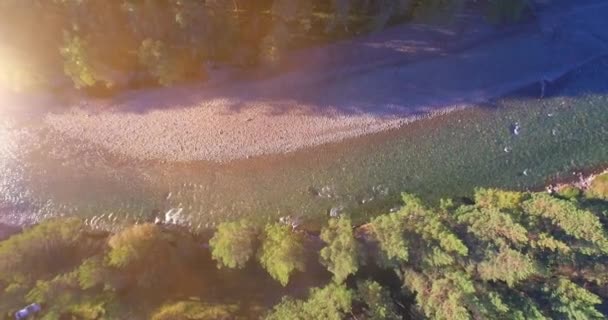 Vuelo de baja altitud sobre el río fresco de montaña rápida con rocas en la soleada mañana de verano. — Vídeo de stock