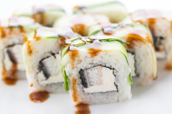 Japanese food restaurant, sushi maki gunkan roll plate or platter set. Sushi set and composition — Stock Photo, Image