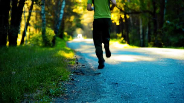 Deportivo corriendo en la carretera de asfalto. Parque rural de la ciudad. Bosque de árboles verdes y rayos de sol en el horizonte. — Vídeos de Stock