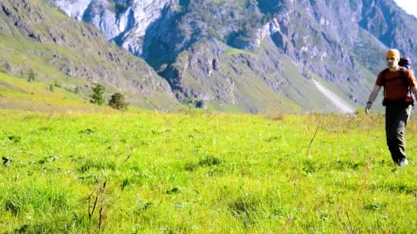 Piesze wycieczki man walking na góry zielony łąka z plecaka. Koncepcja lato sport i rekreacja. — Wideo stockowe