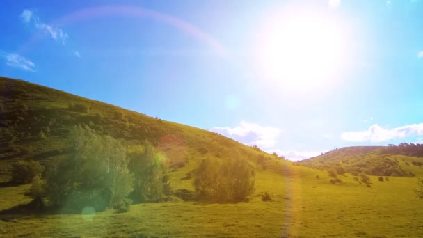 Montaña prado timelapse en el verano. Nubes, árboles, hierba verde y rayos de sol movimiento. — Vídeos de Stock