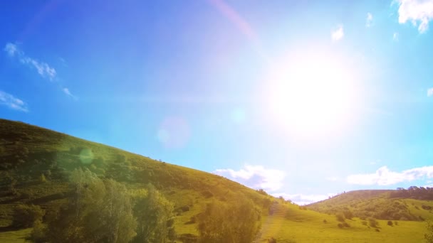 4K UHD mountain meadow timelapse at the summer. Clouds, trees, green grass and sun rays movement. — Stock Video