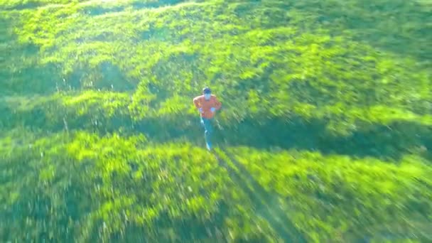 Vuelo sobre el hombre deportivo corriendo en la hierba verde perfecta pradera rural offroad. Puesta de sol en montaña — Vídeo de stock