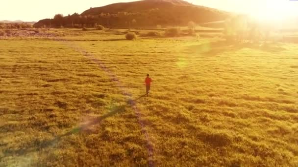 Volo sopra l'uomo di sport al prato verde perfetto dell'erba. Tramonto in montagna — Video Stock