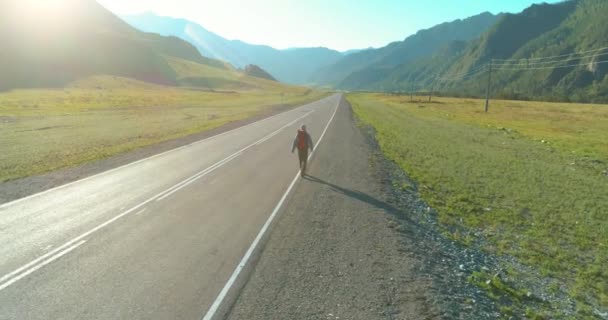 Repülés egy stoppos turista felett, aki aszfalt úton sétál. Hatalmas vidéki völgy a nyári napokon. Hátizsákos túrázó.. — Stock videók