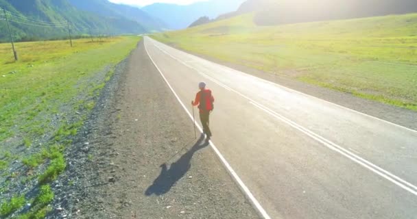 Vol au-dessus de l'auto-stoppeur touristique marchant sur la route asphaltée. Grande vallée rurale au jour d'été. Sac à dos randonneur gars. — Video