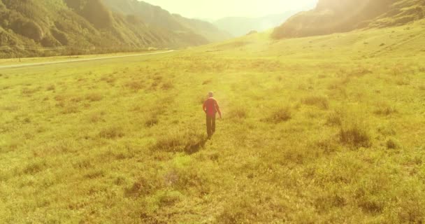 Voo sobre mochila caminhadas turista caminhando através de campo de montanha verde. Vale rural enorme no dia de verão. — Vídeo de Stock