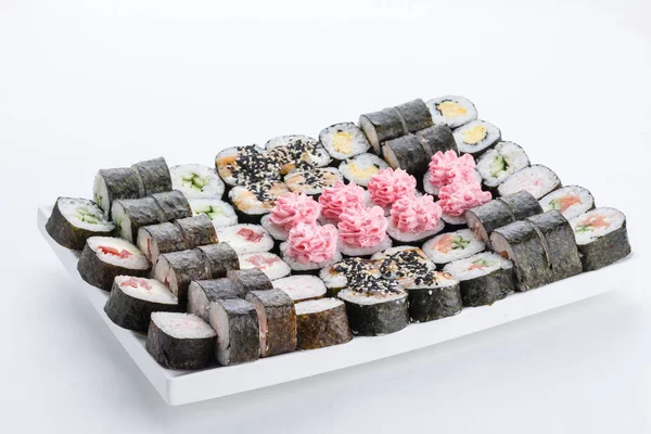 Japanese food restaurant, sushi maki gunkan roll plate or platter set. Sushi set and composition