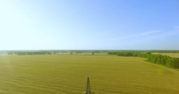 Вертикальный полет вблизи башни высокого напряжения и линий электропередач на зеленом и желтом полях — стоковое видео