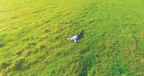 Zbor orbital scăzut în jurul omului pe iarbă verde cu notebook pad la câmp rural galben . — Videoclip de stoc