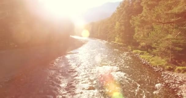 Vuelo de baja altitud sobre el río fresco de montaña rápida con rocas en la soleada mañana de verano. — Vídeo de stock